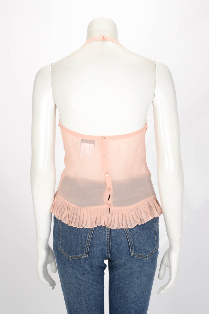 Chanel Pink Silk Ruffle Halter Top FR 38