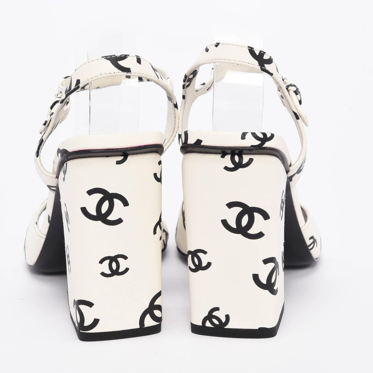 Chanel White & Black Lambskin CC Printed Sandals 38.5
