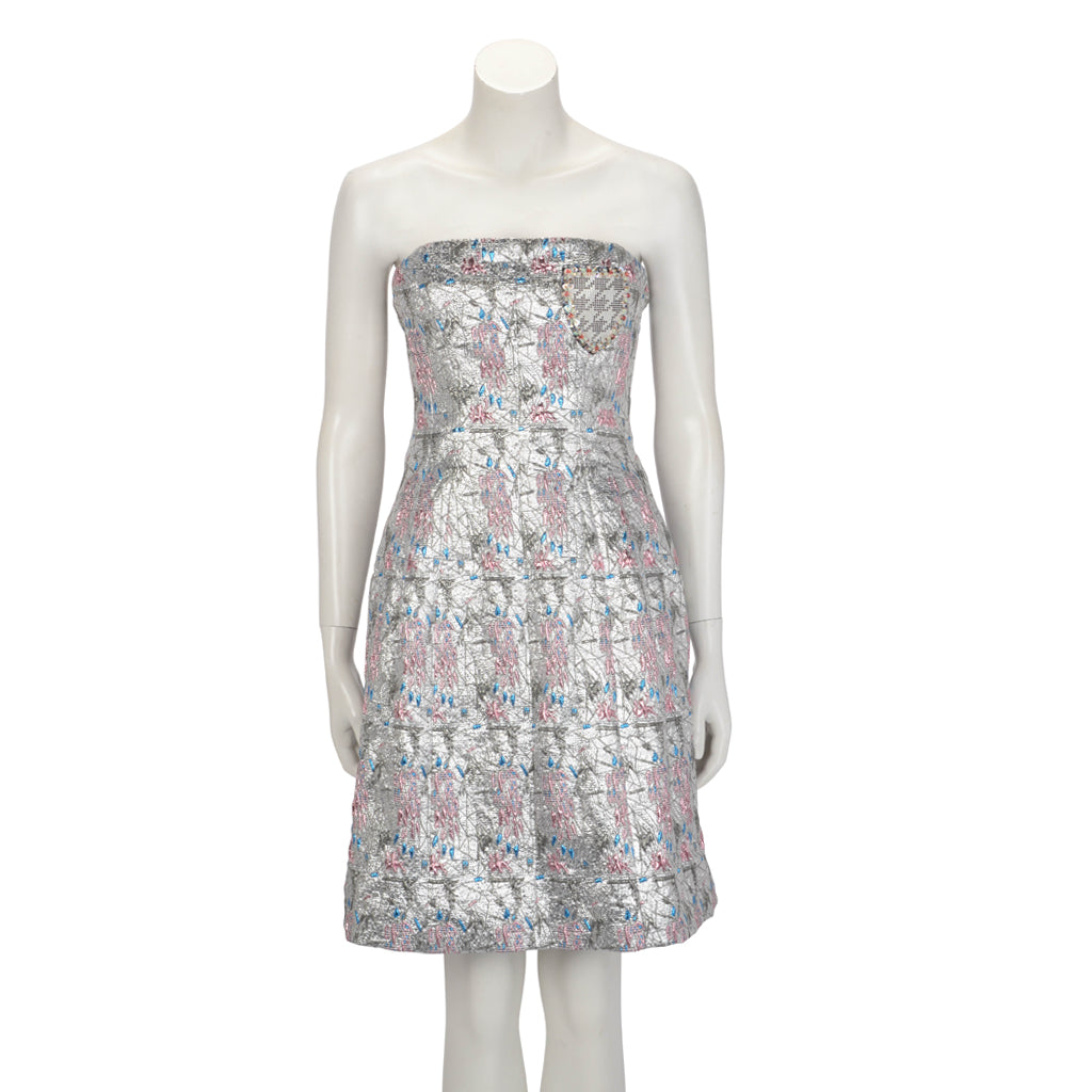 Dior Silver Floral Embroidered Bustier Badge Evening Dress FR 38