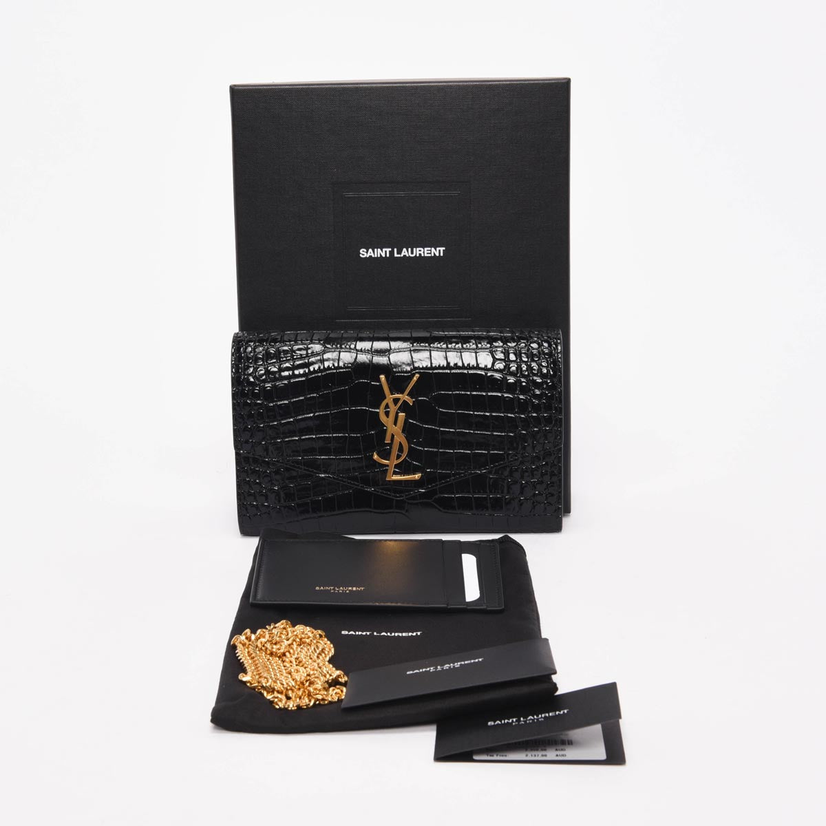 Saint Laurent Black Croc Embossed Uptown Chain Wallet