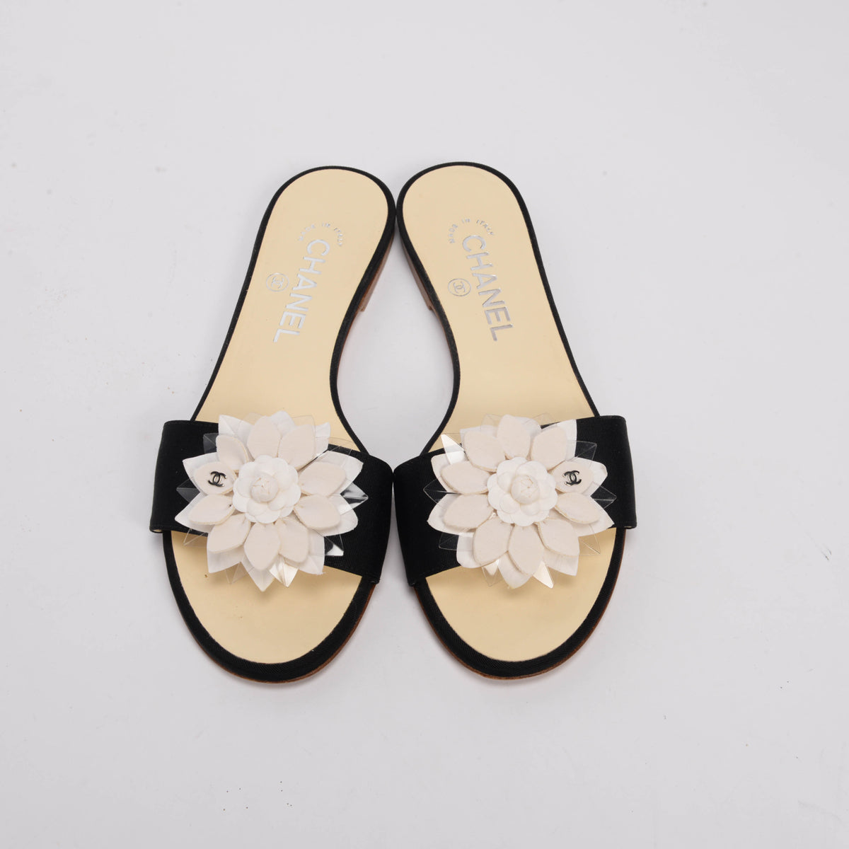 Chanel Black Grosgrain Floral Embellished Sandals 37