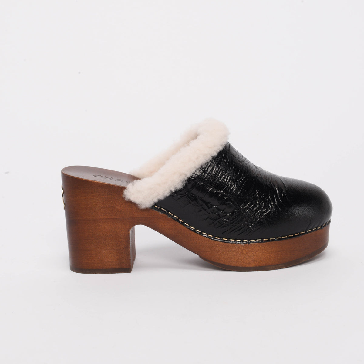 Chanel Black Crackled Sheepskin CC Clogs 38