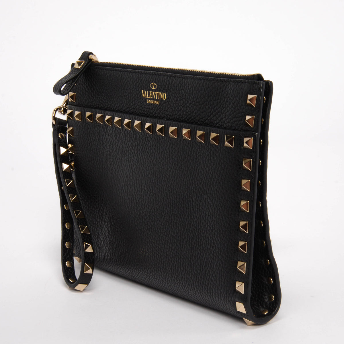 Valentino Black Grained Calfskin Rockstud Wristlet Pouch