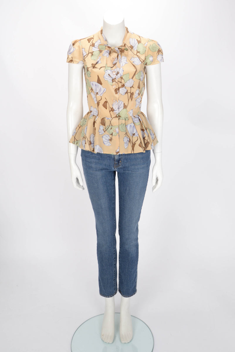 Prada Beige Silk Flower Printed Blouse IT 42