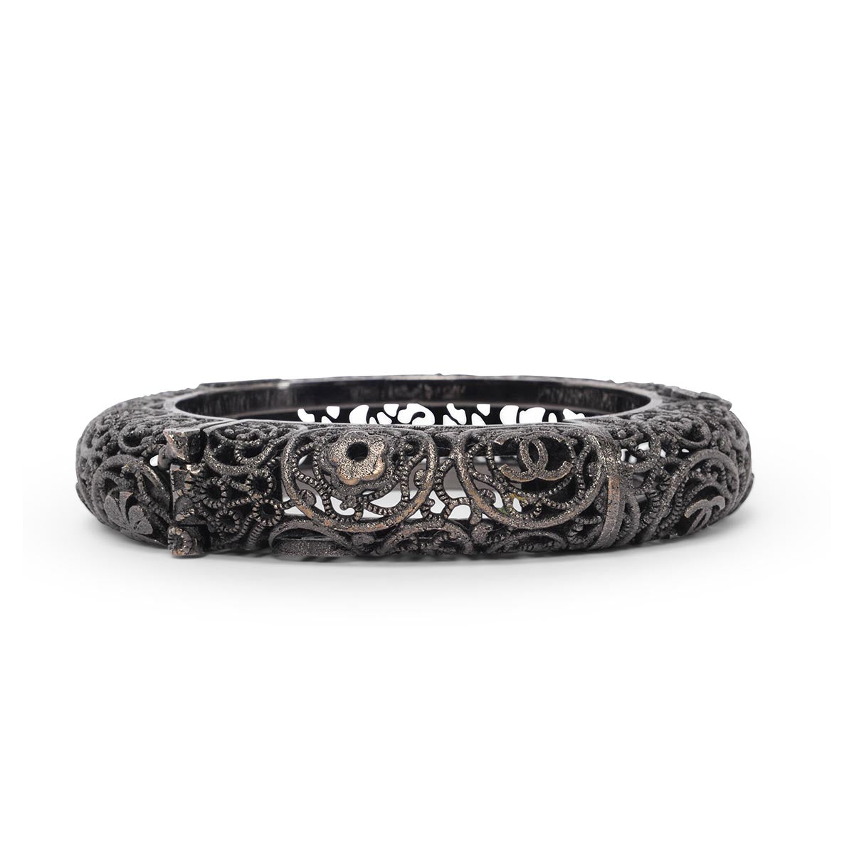 Chanel Blackened Metal Filigree Hinged Bracelet