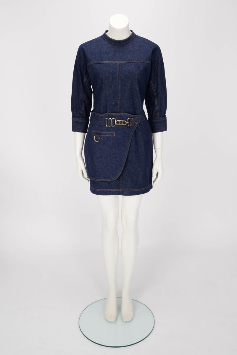 Fendi Dark Blue Denim Belt Bag Dress IT 40