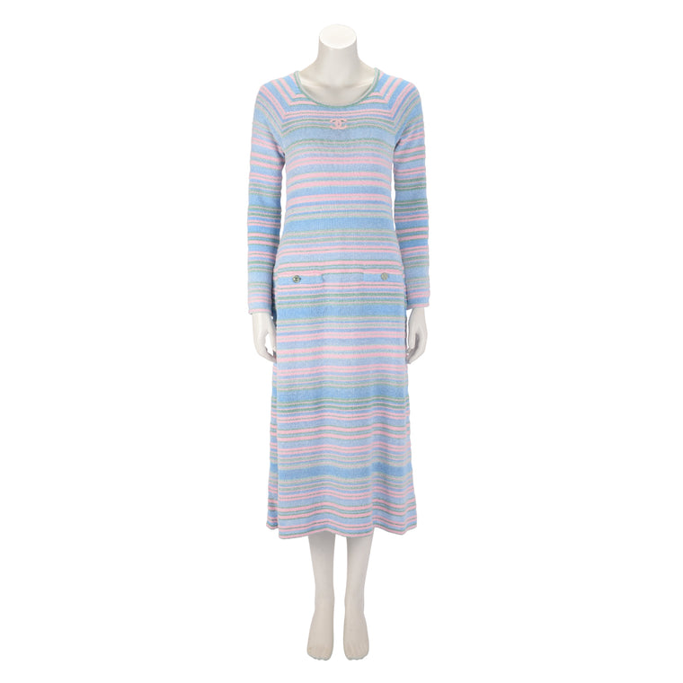 Chanel Pastel Striped Knit Long Sleeve Dress FR 40