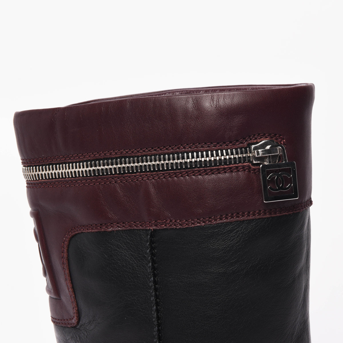 Chanel Black & Burgundy Calfskin Motorcycle Zipper Boots 40