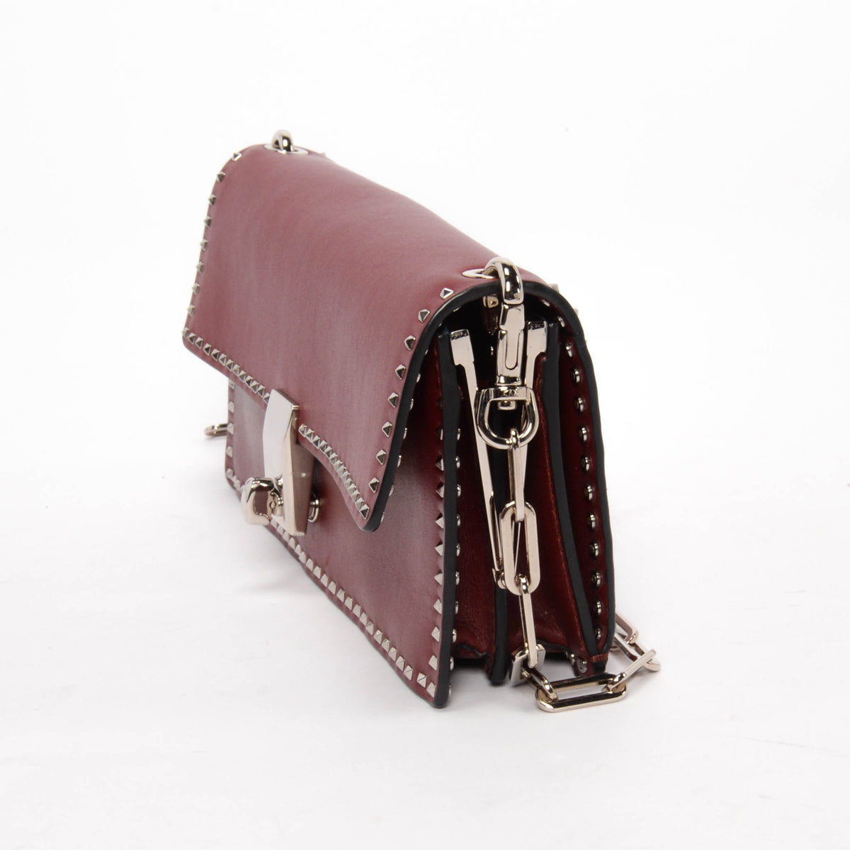 Valentino Burgundy Calfskin Mini Rockstud Chain Clutch