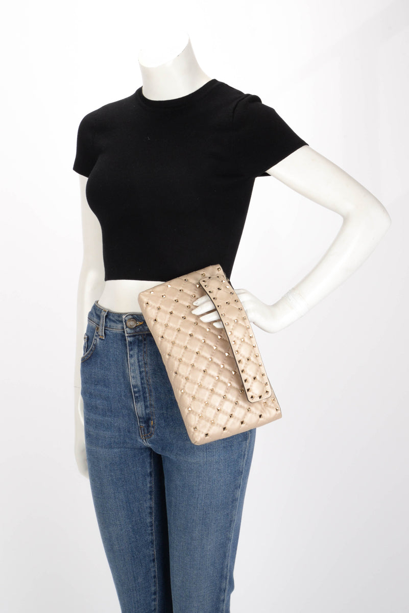 Valentino Champagne Laminated Nappa Rockstud Spike Clutch