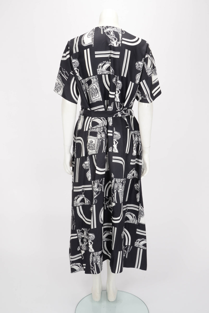 Hermes Bleu Noir Silk En Desordre Finesse Belted Kaftan FR 38