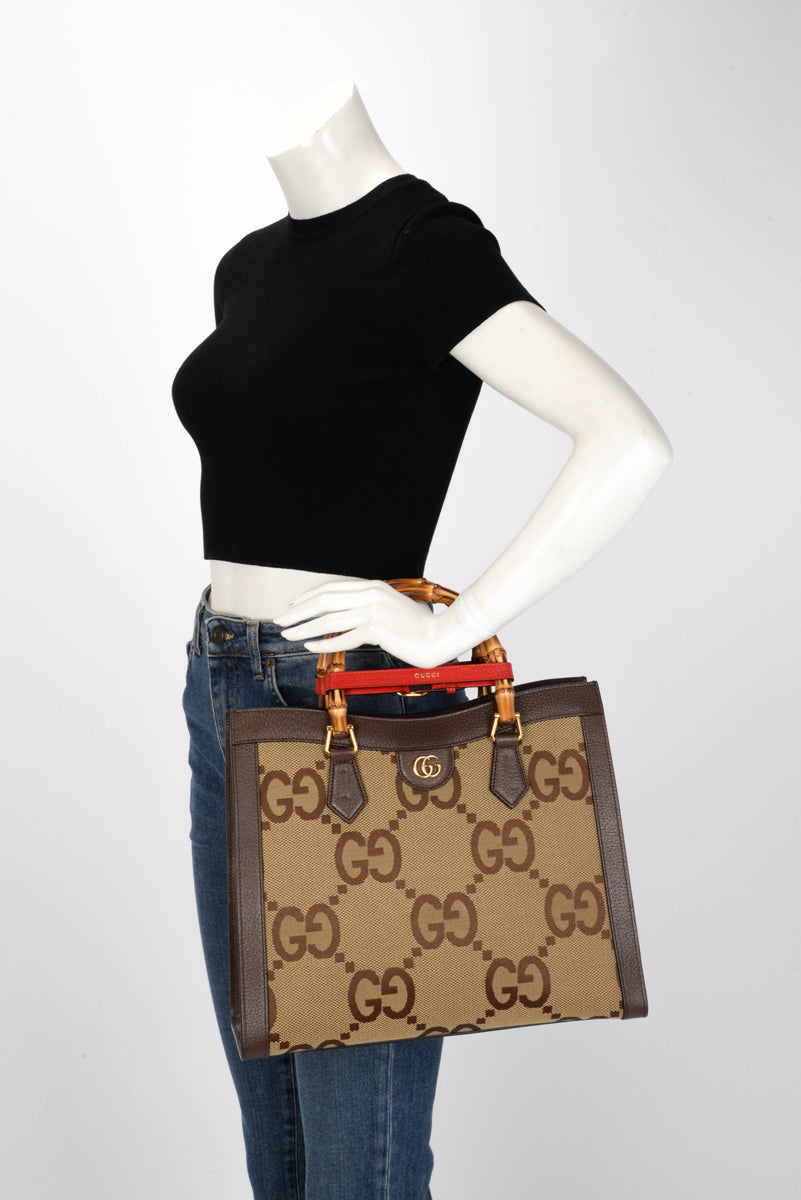 Gucci Brown Dollar Calfskin Jumbo GG Medium Diana Tote
