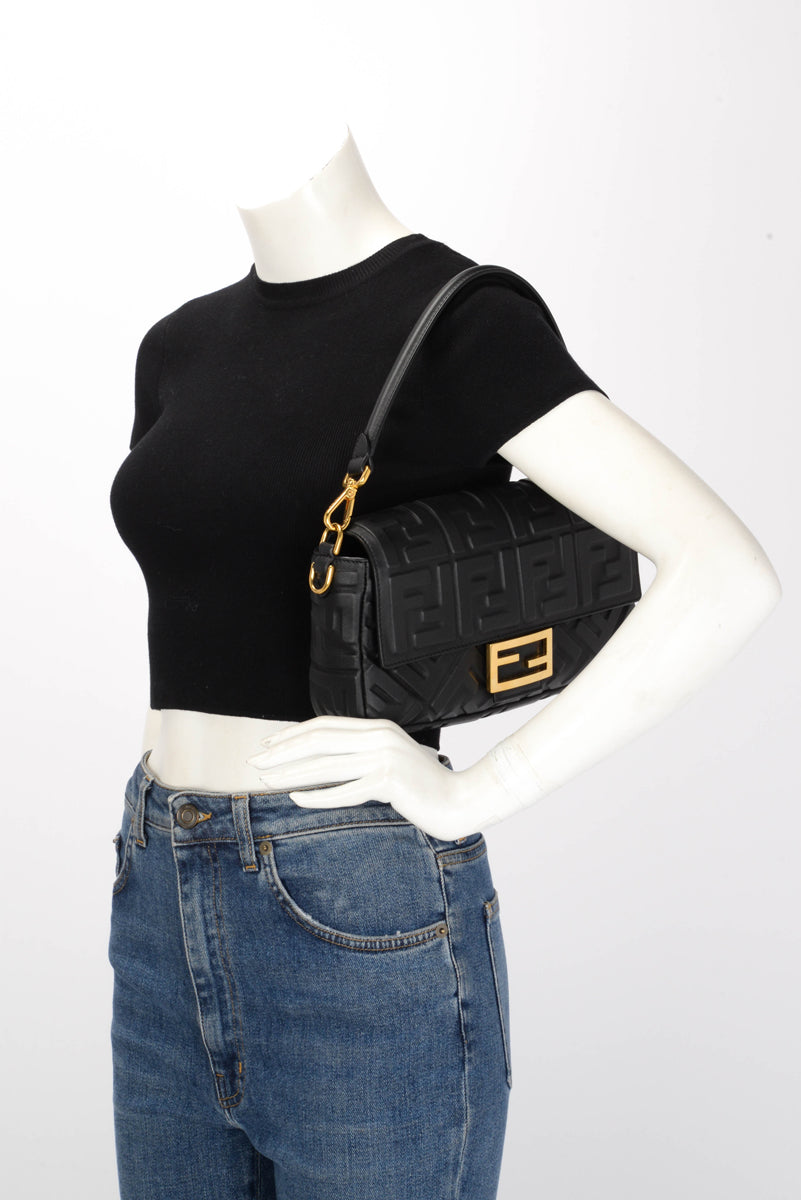 Fendi Black Nappa FF Embossed Baguette Bag