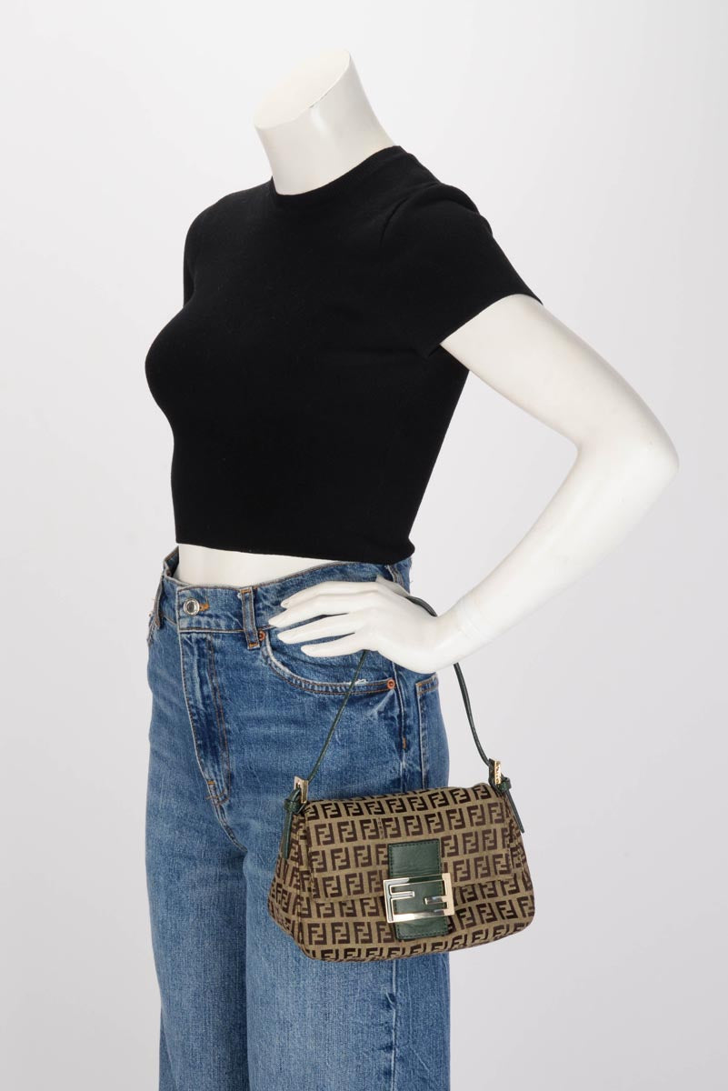 Fendi Green Zucchino Canvas Mini Baguette Bag