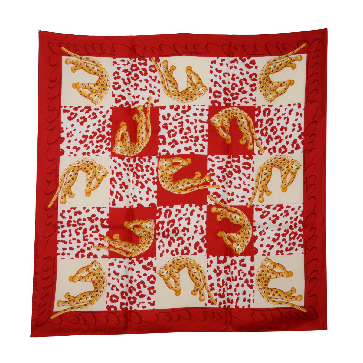 Cartier Red Silk Panther Print Scarf