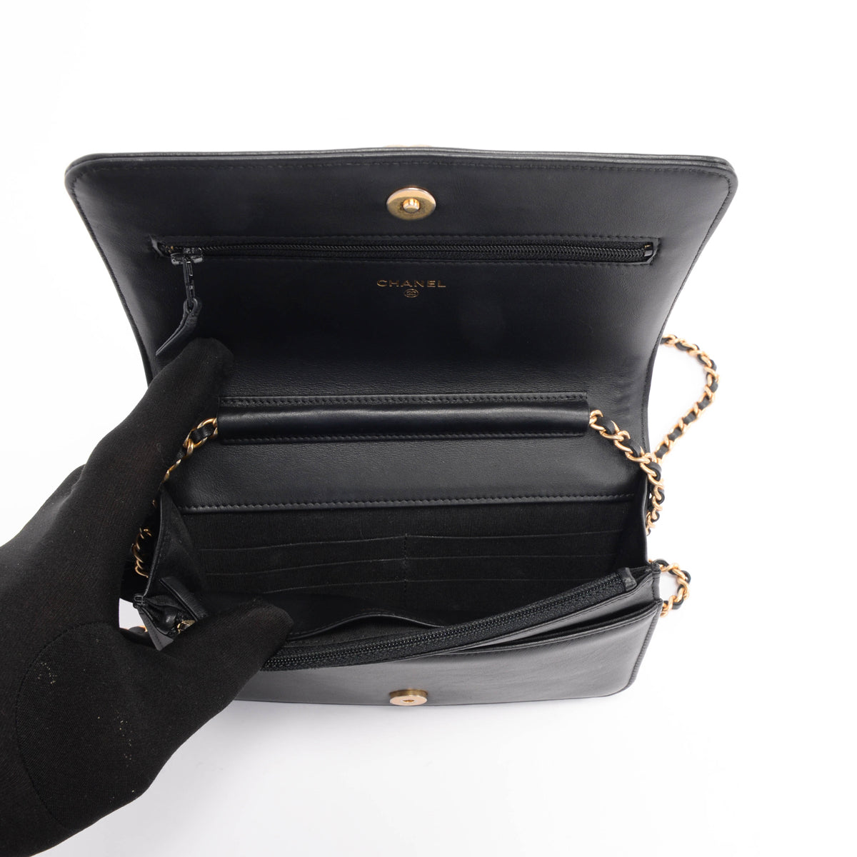 Chanel Black Lambskin Chain Around Boy Wallet On Chain