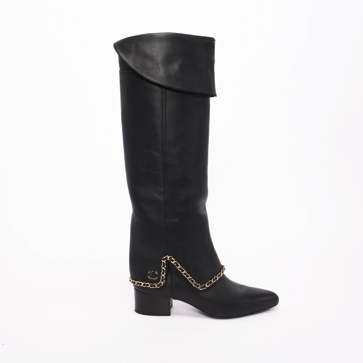 Chanel Black Calfskin Knee High Chain Trim Boots 40.5