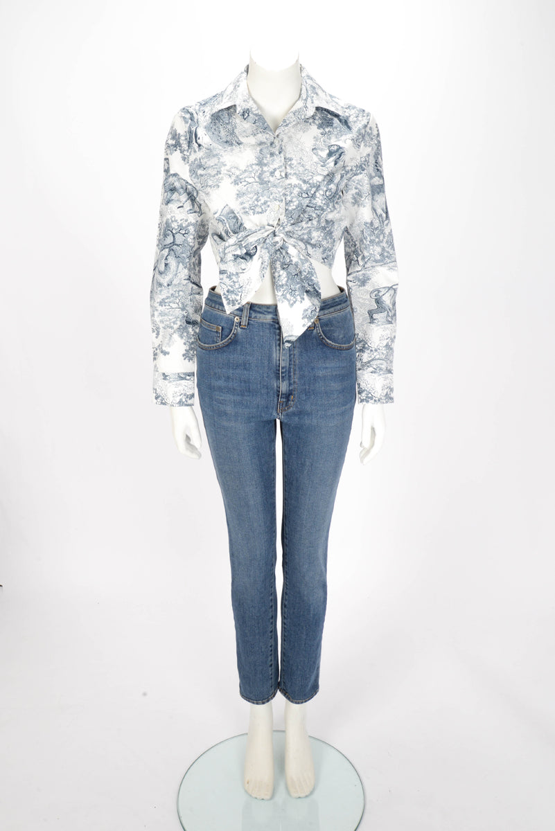 Dior Blue Toile de Jouy Savage Dioriviera Cropped Tie Blouse FR 36