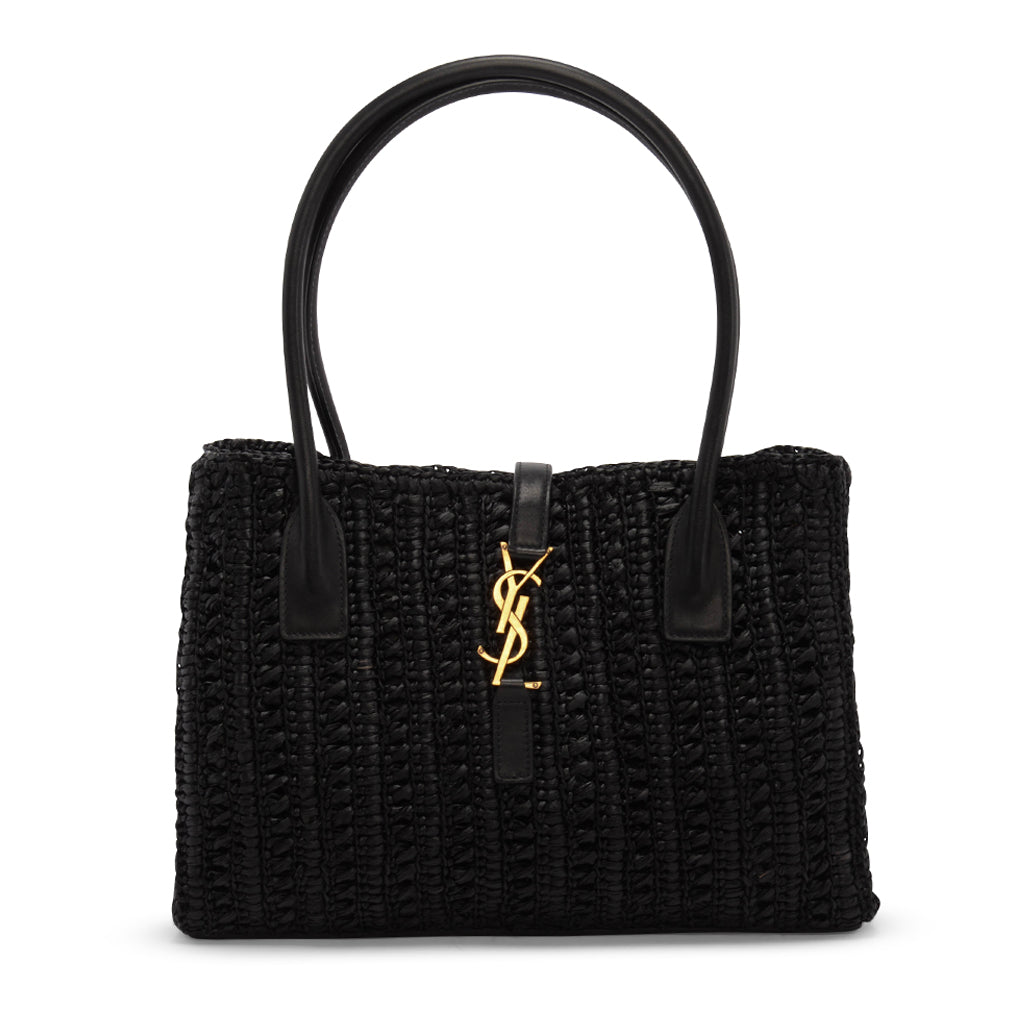 Saint Laurent Black Raffia Rectangular Panier Top Handle Bag