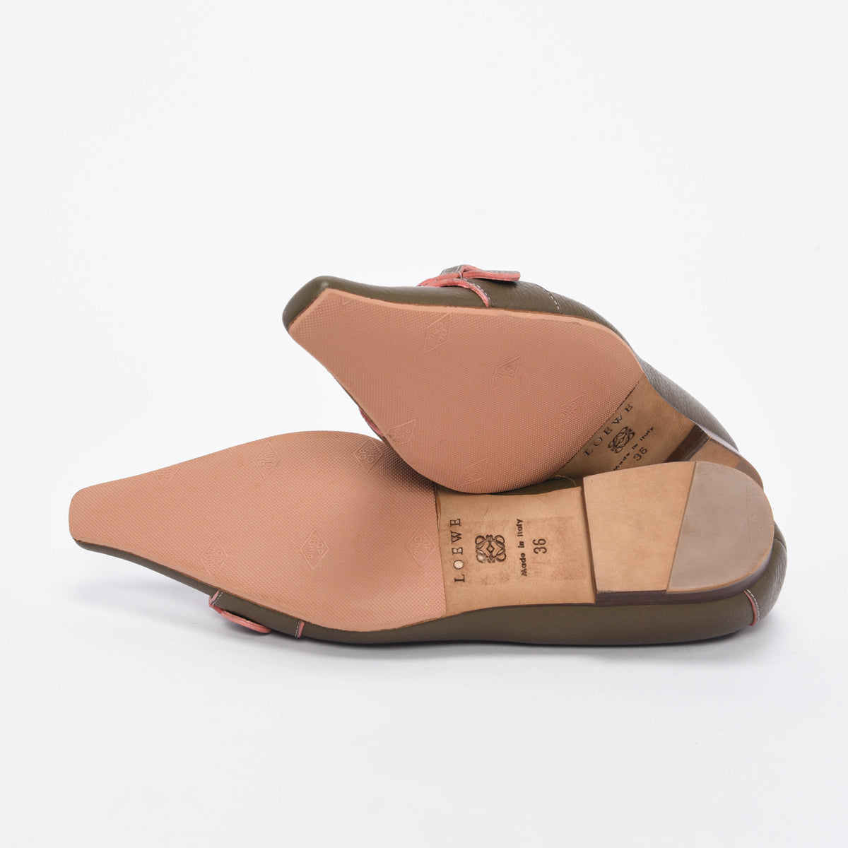 Loewe Khaki & Coral Calfskin Buckle Flats 36