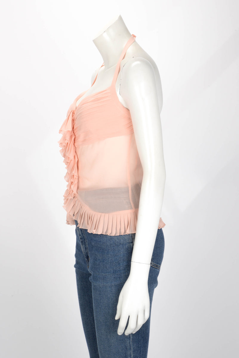 Chanel Pink Silk Ruffle Halter Top FR 38