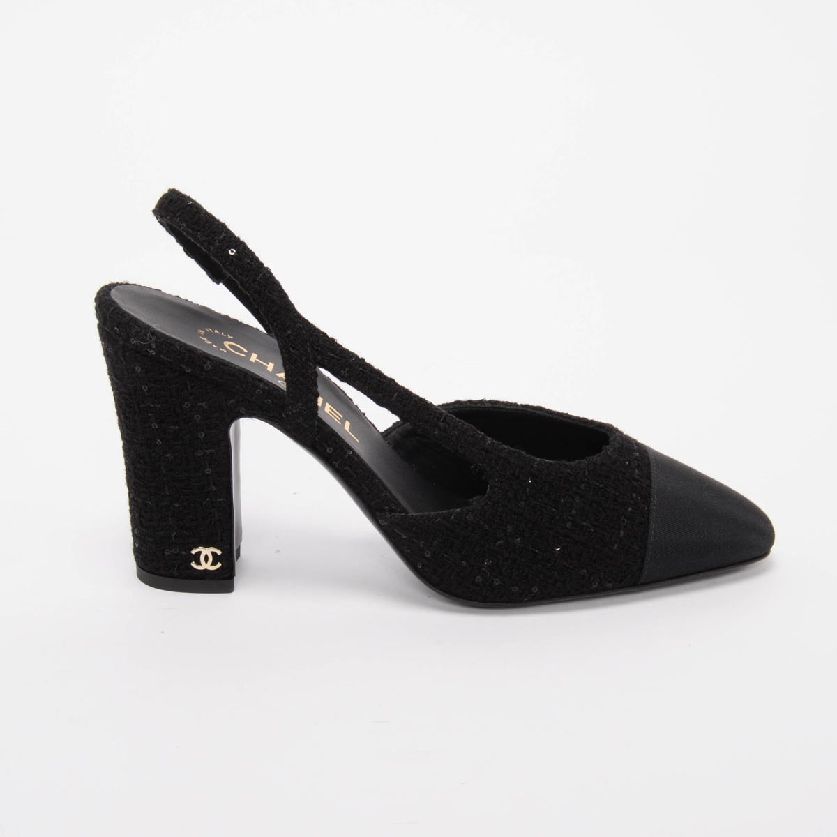 Chanel Black Sequin Tweed Slingback Pumps 38