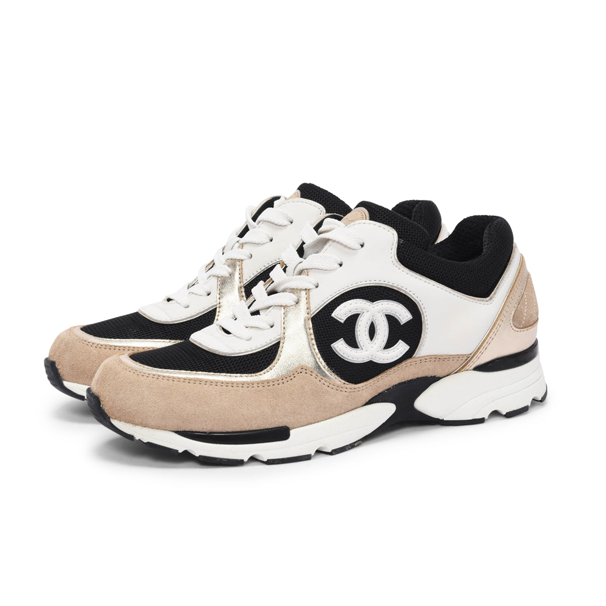 Chanel Beige & Gold Mixed Fibers CC Trainer Sneakers 37.5