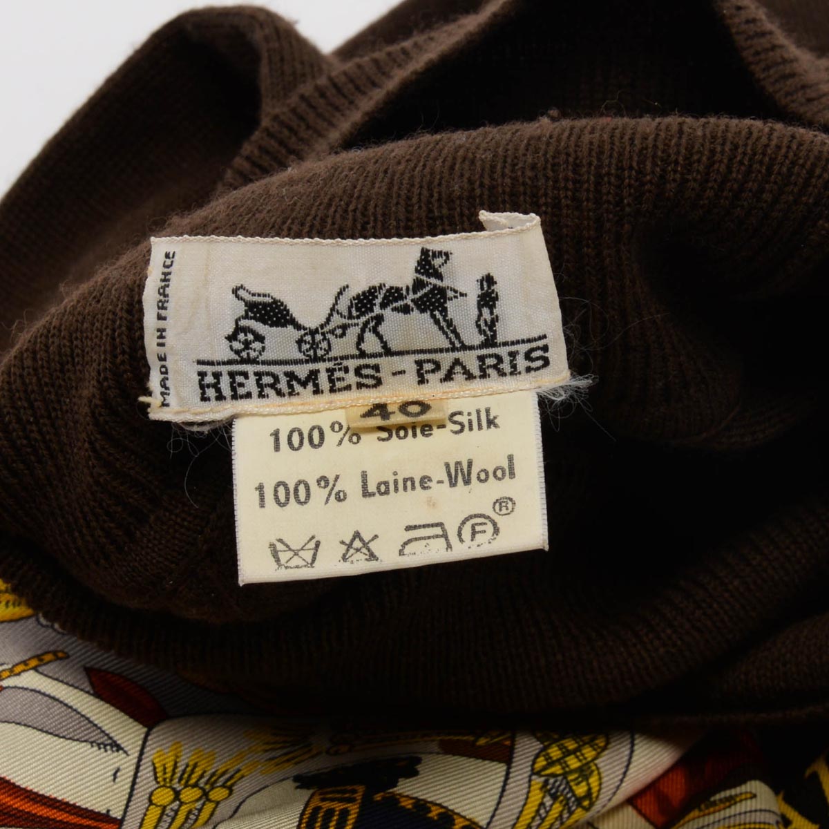 Hermes Brown Wool Le Tarot Silk Scarf Sweater FR 40