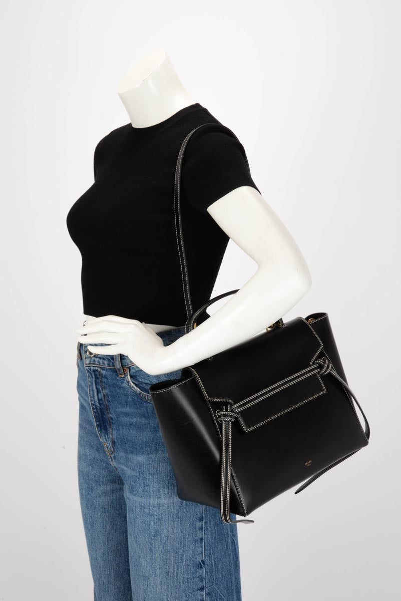Celine Black Smooth Calfskin Double Stitching Mini Belt Bag