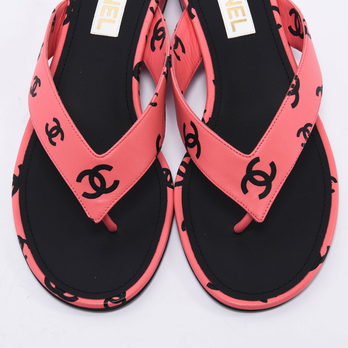Chanel Pink & Black Lambskin CC Printed Thong Sandals 40