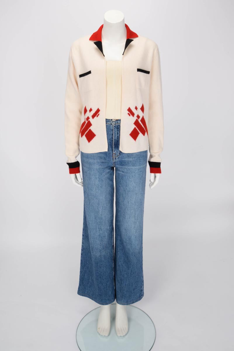 Chanel Ecru & Red Cashmere Open Cardigan FR 46