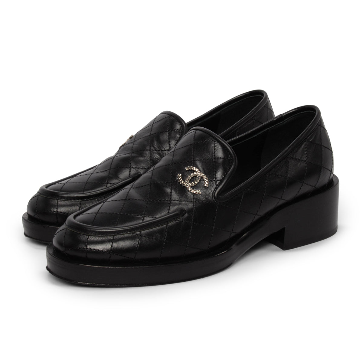 Chanel Black Quilted Calfskin CC Loafers 35