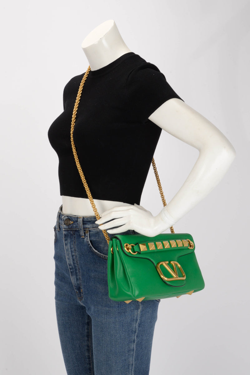 Valentino Ultra Green Nappa Stud Sign Shoulder Bag