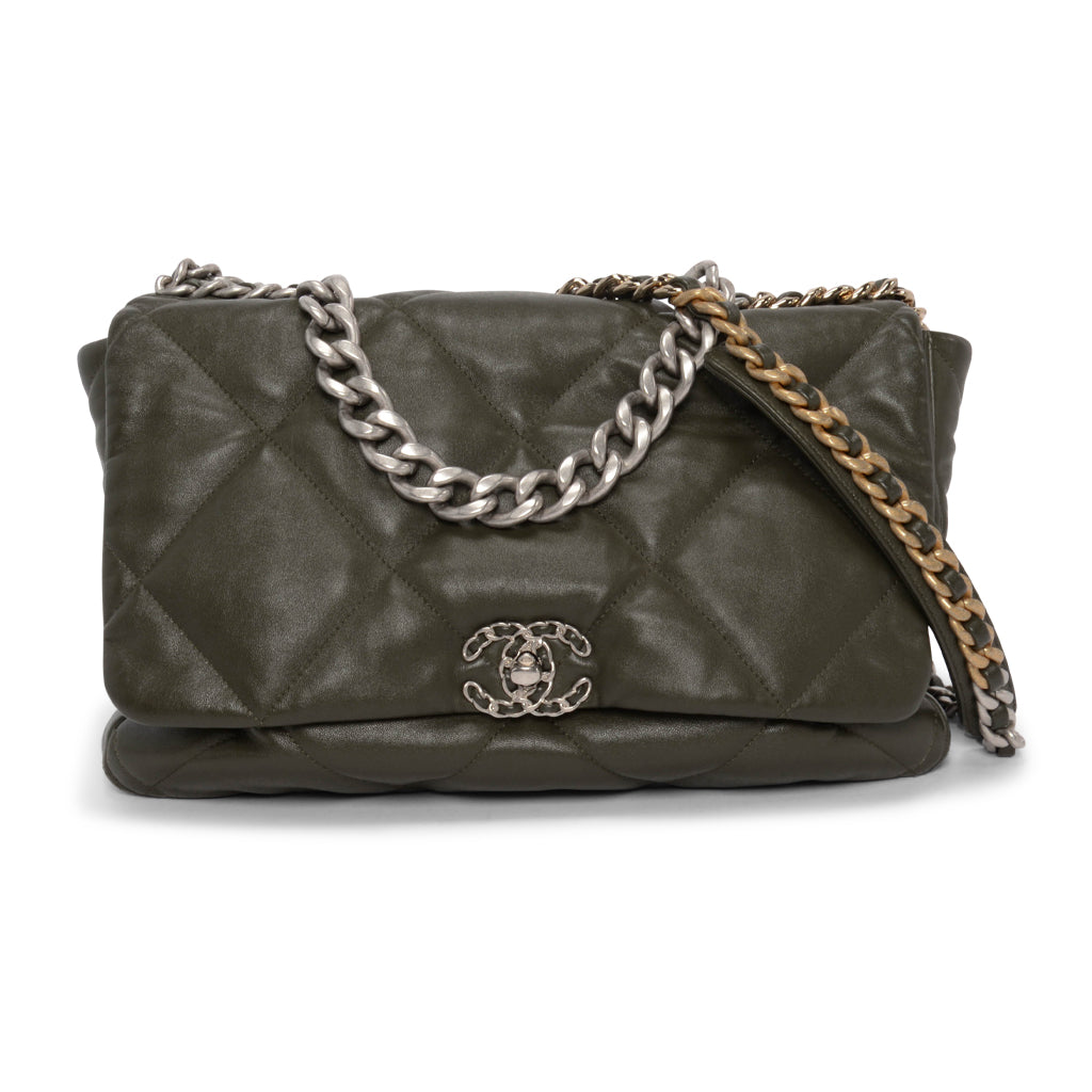 Chanel Khaki Goatskin Maxi Chanel 19 Flap Bag