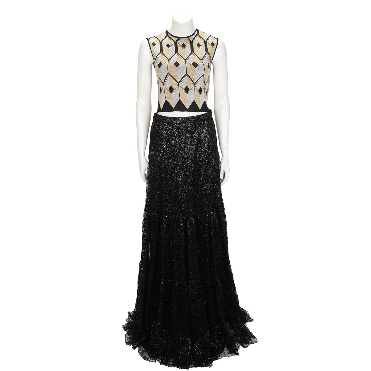 Ralph Lauren Black Sequin & Tiered Lace Sutton Maxi Skirt US 6