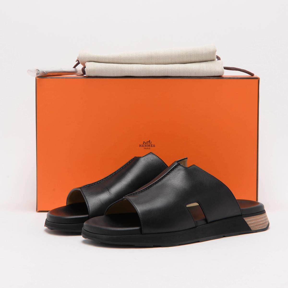 Hermes Black Calfskin Pharaon Sandals 43