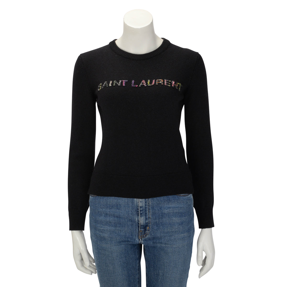 Saint Laurent Black Wool Beaded Logo Sweater XS