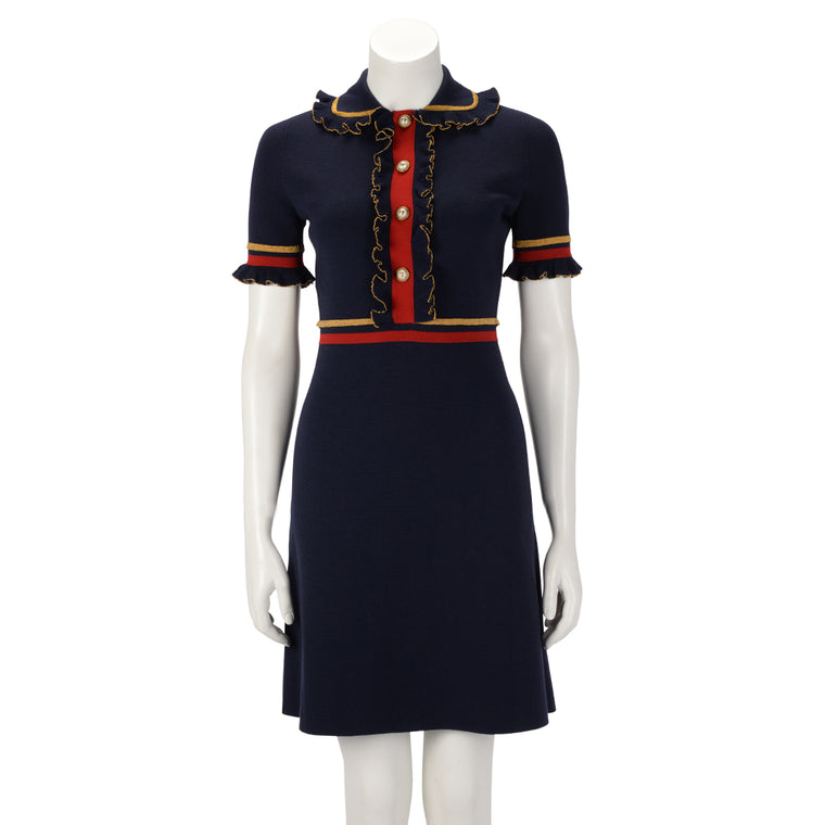 Gucci Navy Knitted Ruffle Trim Dress S