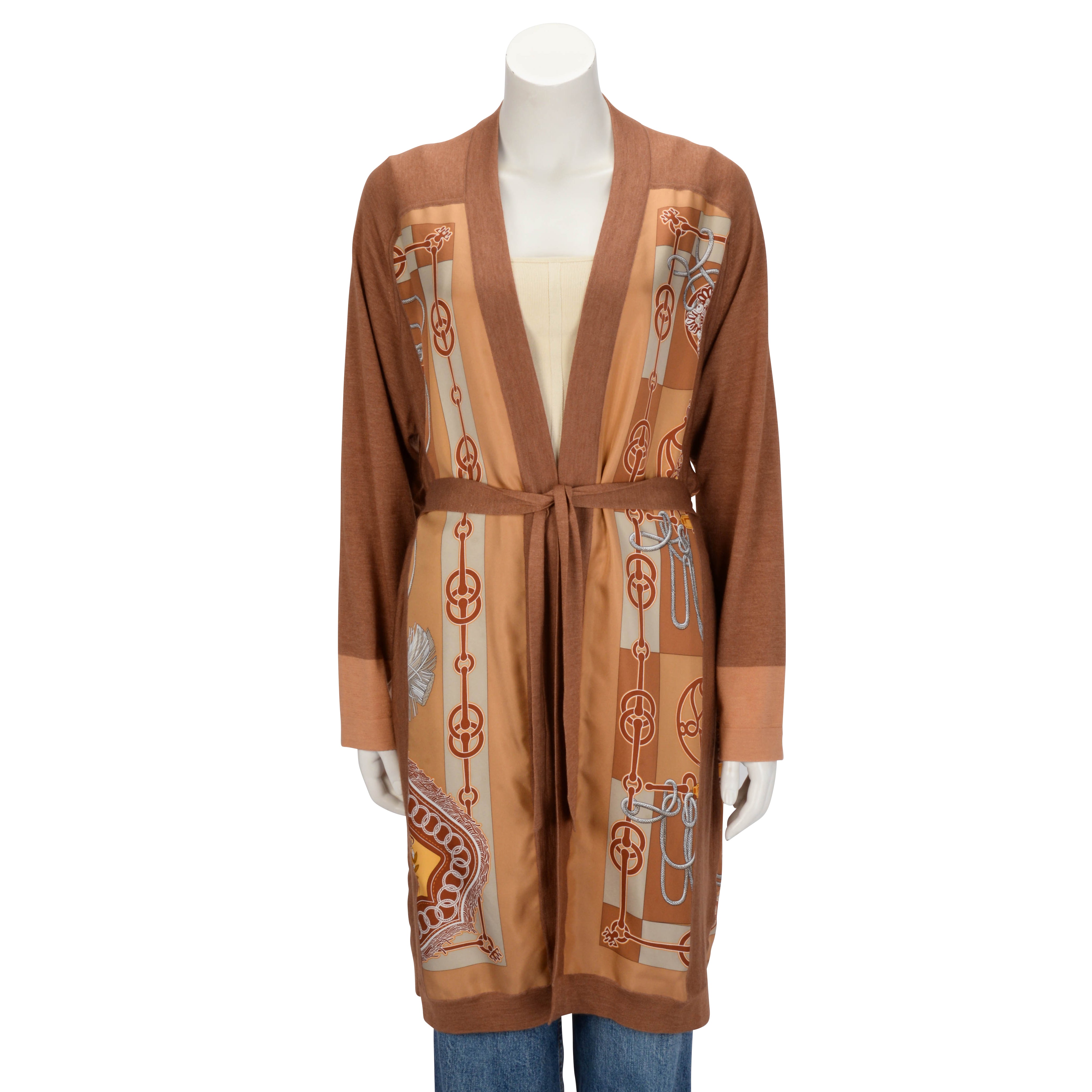 Hermes Brown Silk & Cashmere Cliquetis Belted Cardigan FR 42