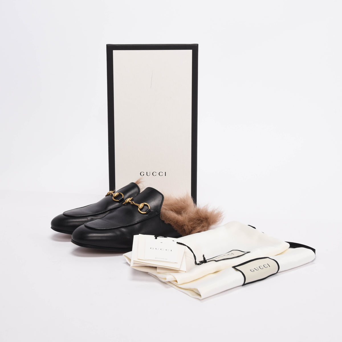 Gucci Black Leather Fur Lined Princetown Slippers 37