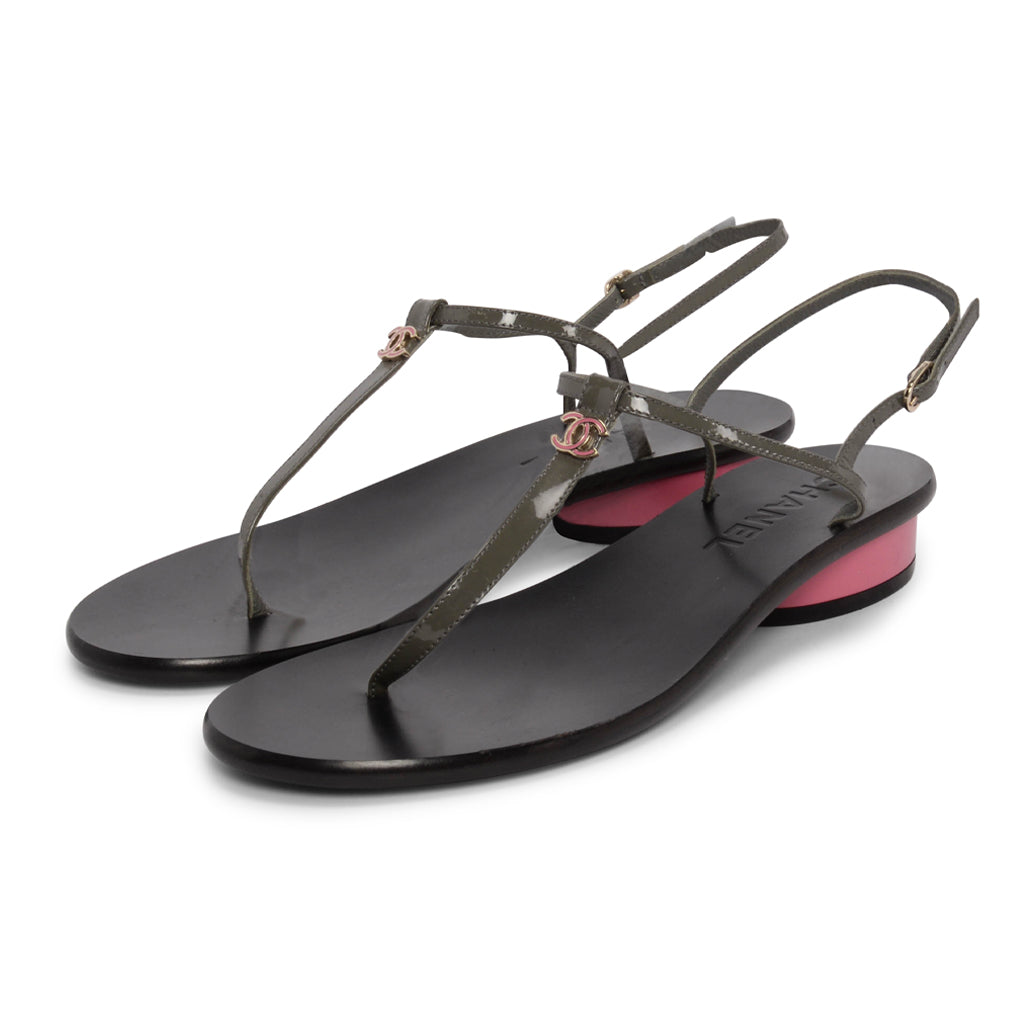 Chanel Khaki & Pink Patent CC Thong Sandals 37