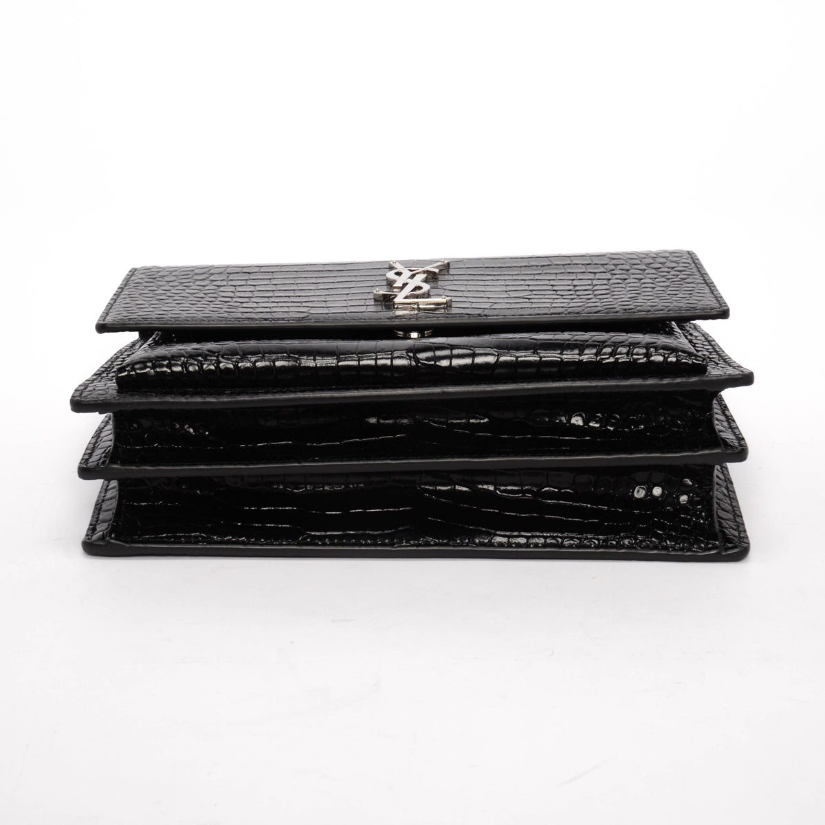 Saint Laurent Black Croc Embossed Medium Sunset Bag