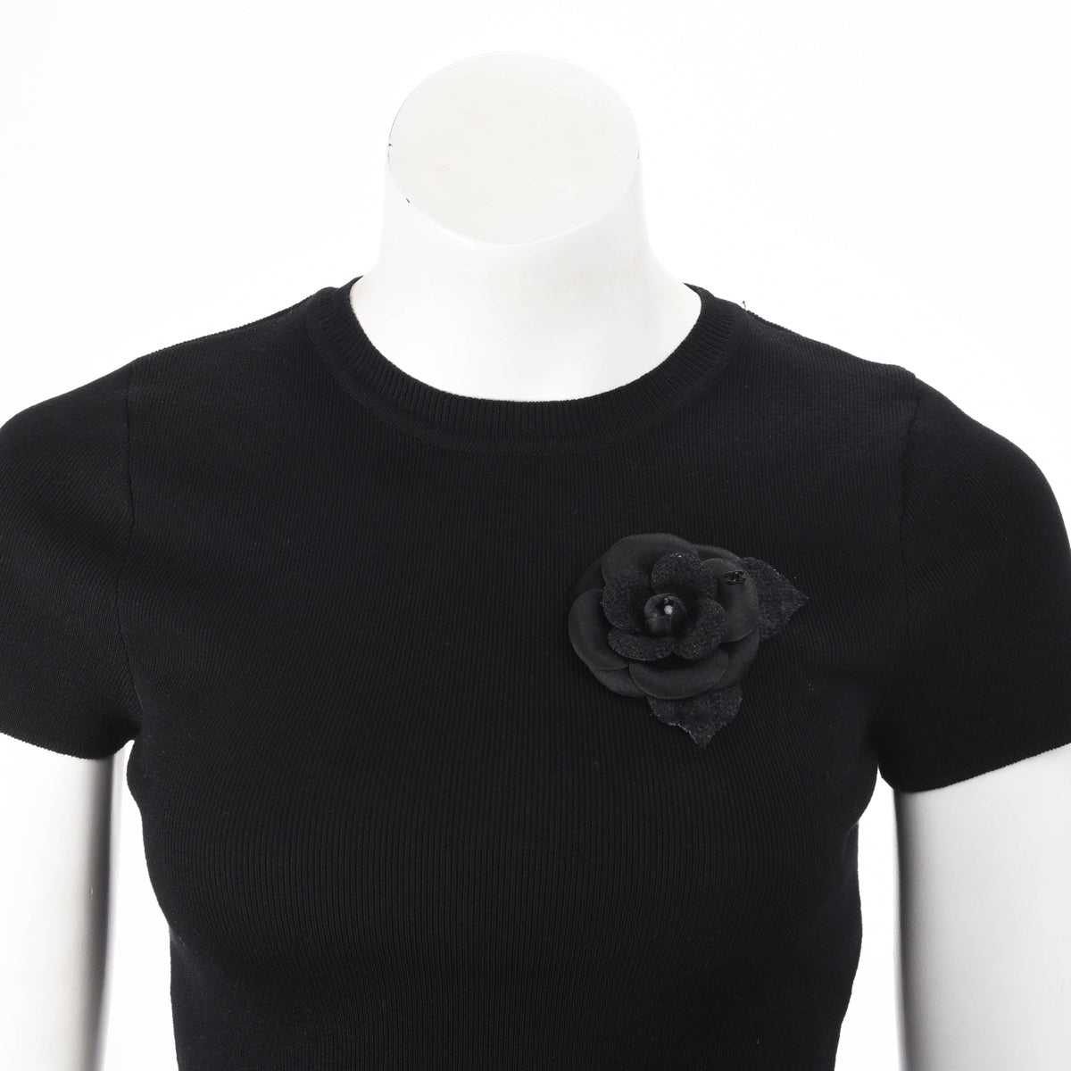 Chanel Black Satin & Tweed Camellia Brooch