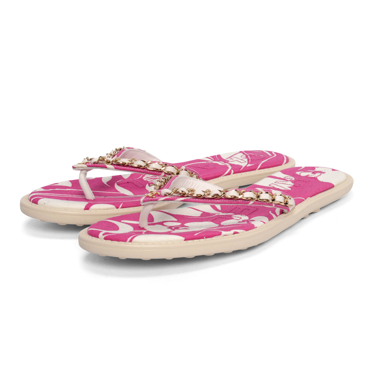 Chanel Magenta Beach Canvas CC Chain Thong Sandals 38