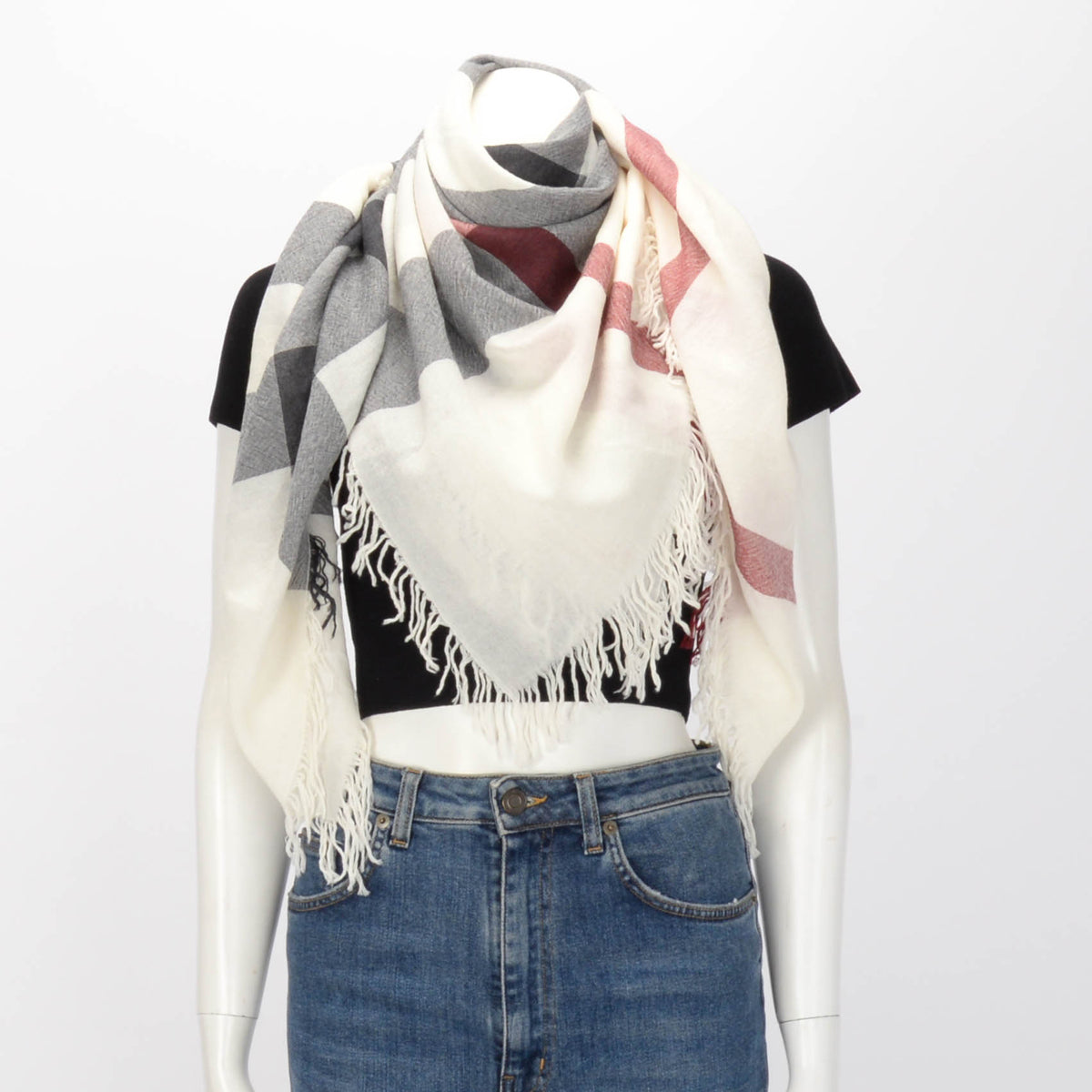 Burberry White Wool Crepe Check Fringed Scarf