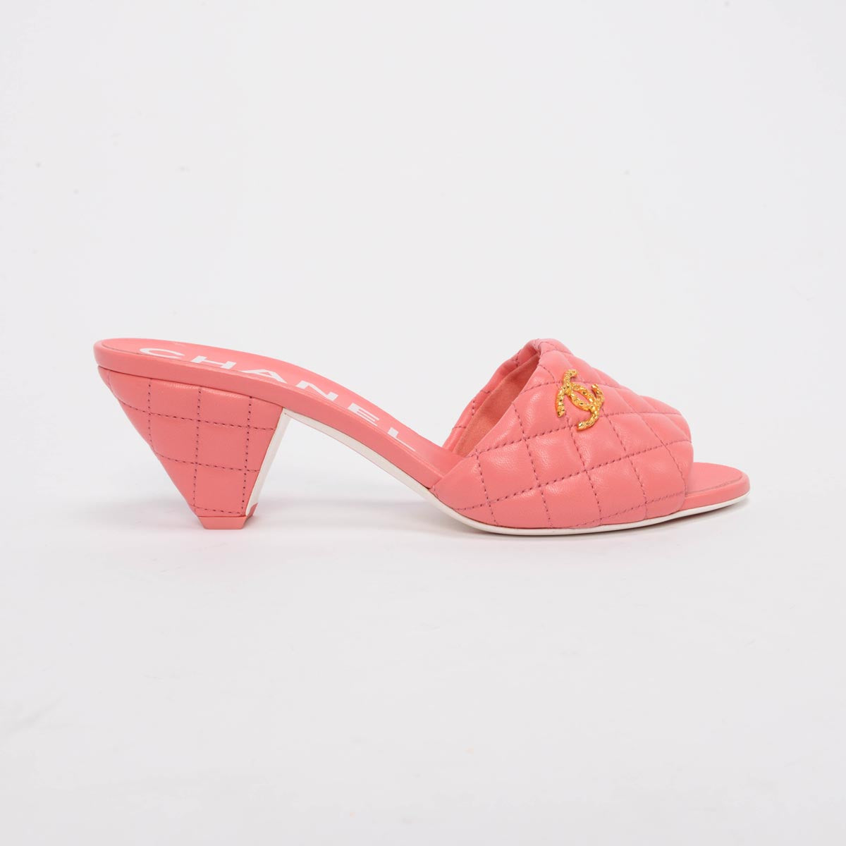 Chanel Coral Quilted Lambskin Textured CC Mules 40
