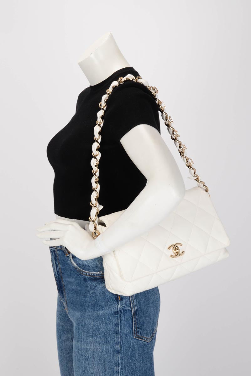 Chanel White Quilted Calfskin Large Logo Strap Bag
