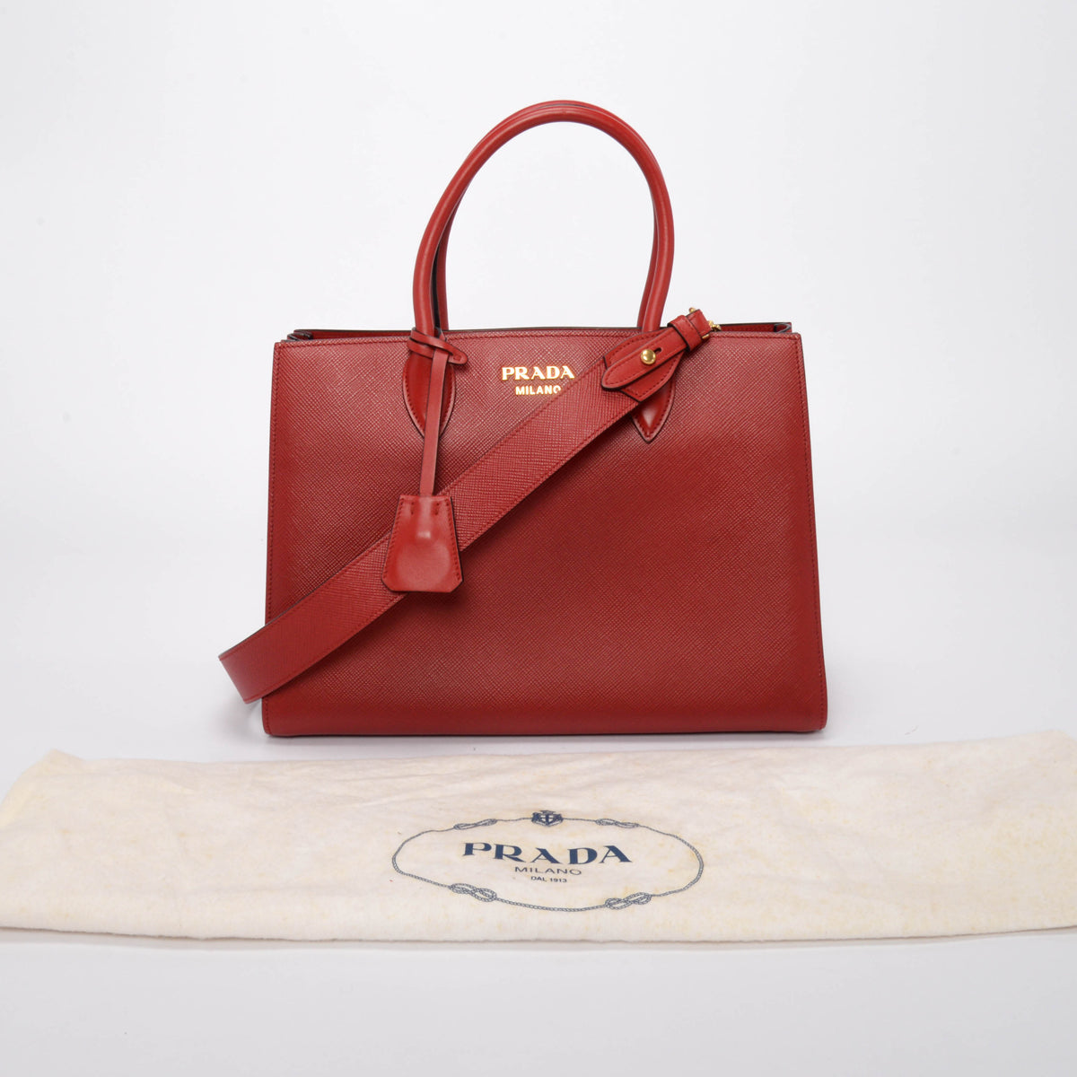Prada Red & Navy Saffiano Cuir Bibliotheque Bag