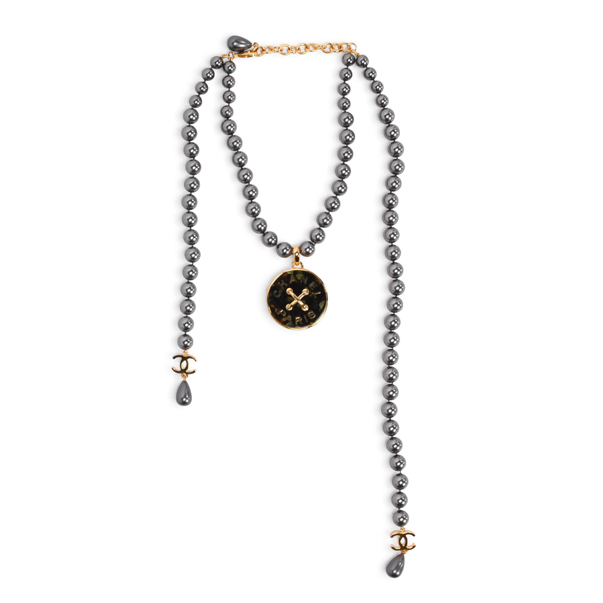 Chanel Charcoal Pearl & Resin CC Pendant Necklace with Lariat