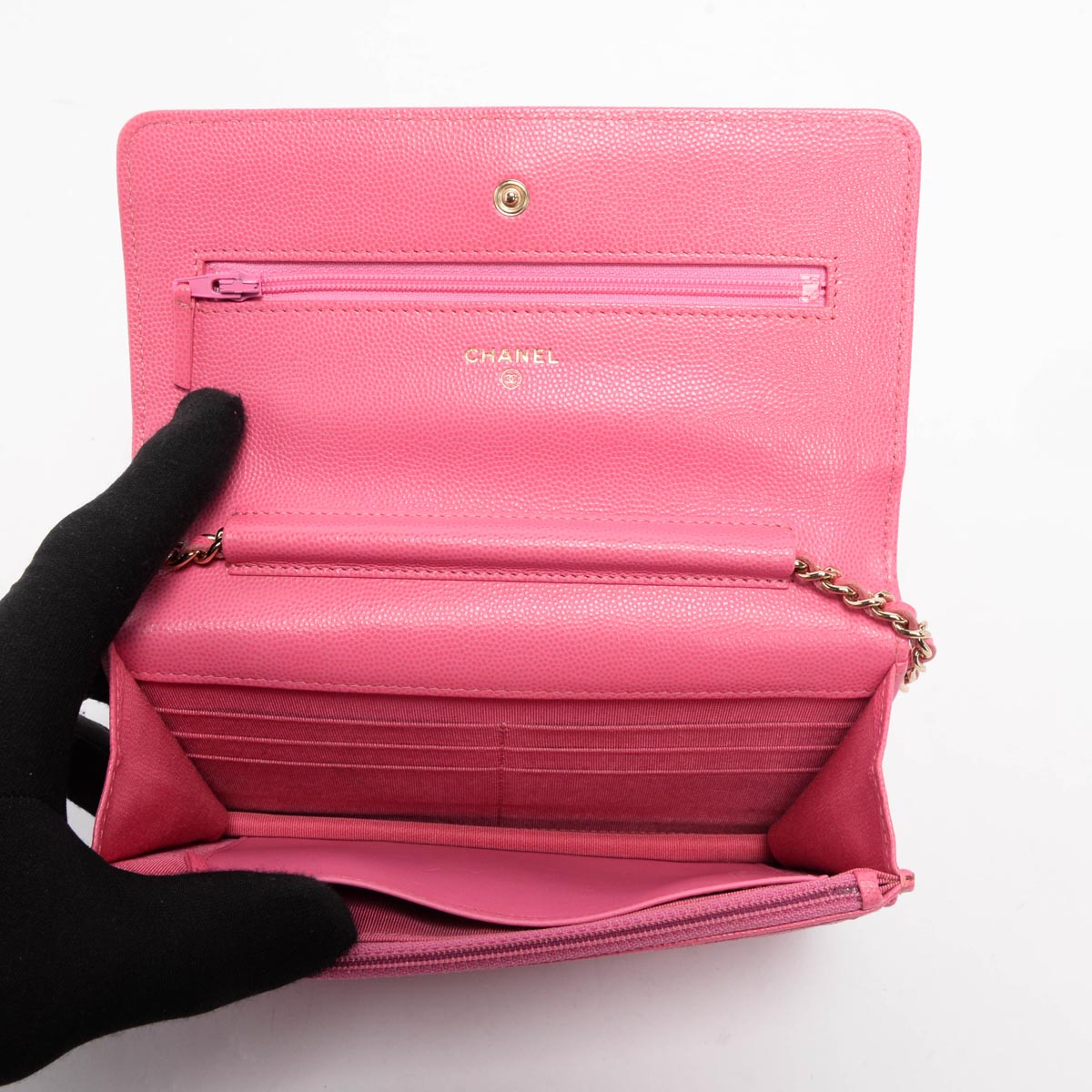 Chanel Pink Quilted Caviar Classic Wallet On Chain